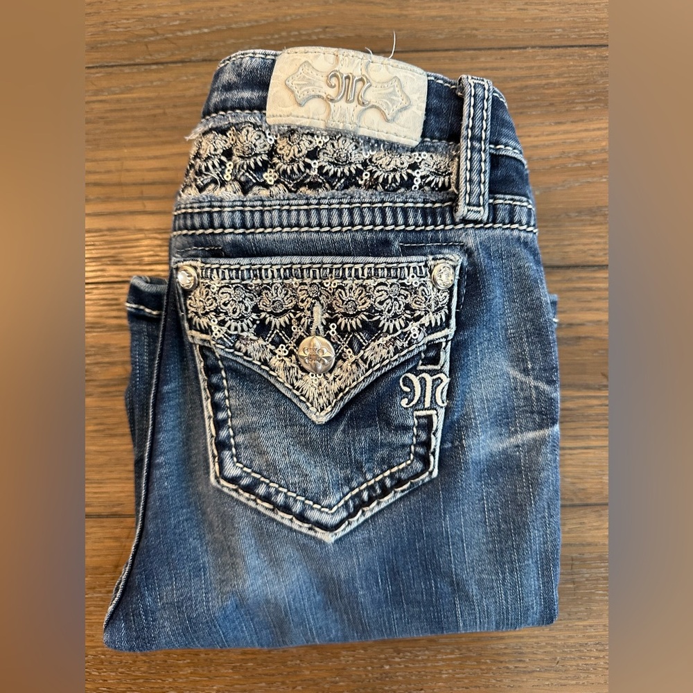 Miss Me Blue Jeans with White Embroidery